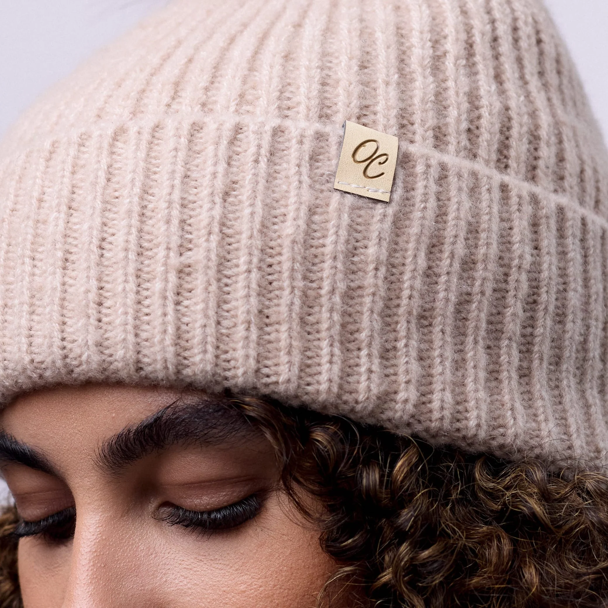 Only Curls Satin Lined Beanie with Pom - Carrie in Sand - Image 4