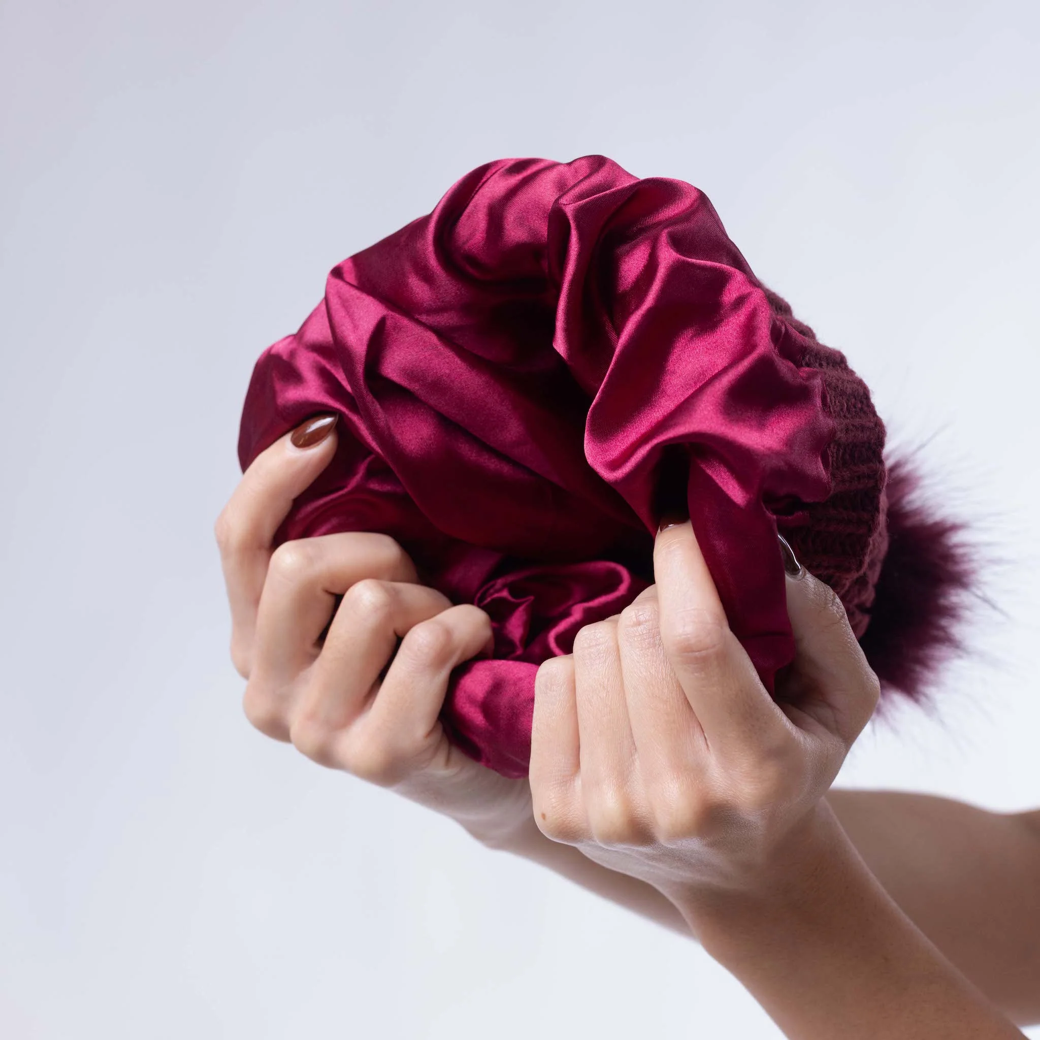 Only Curls Satin Lined Knitted Beanie Hat - Burgundy with Pom Pom - Image 4