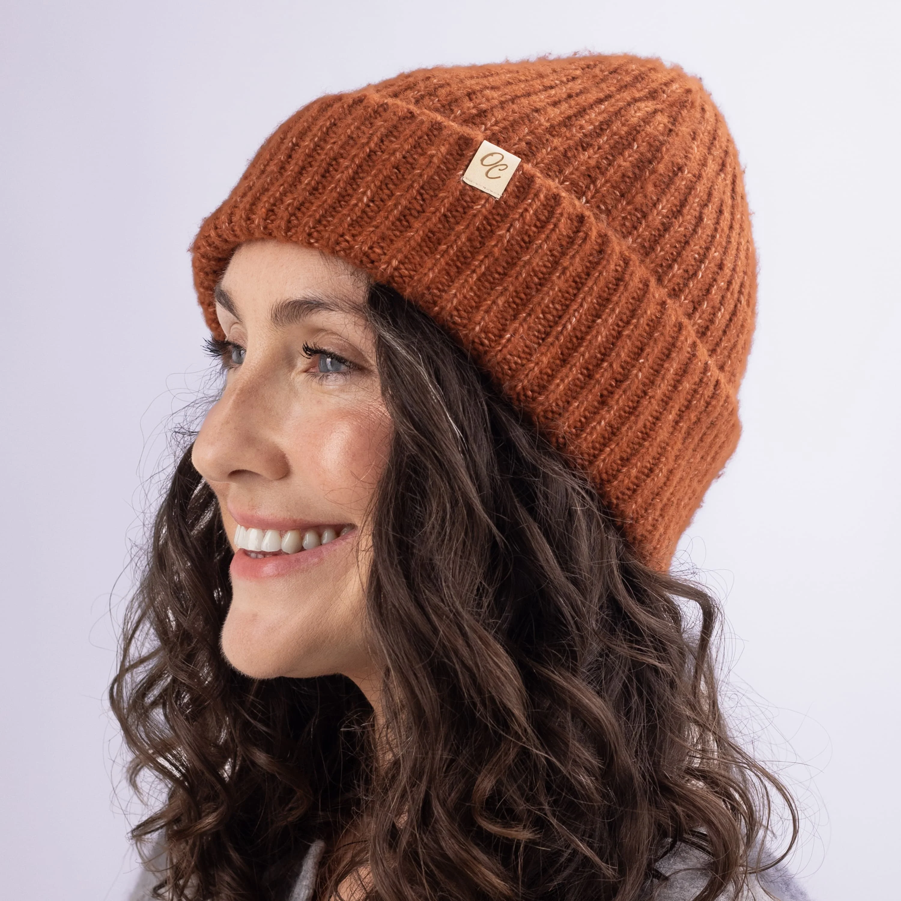 Only Curls Satin Lined Knitted Beanie Hat - Ella in Burnt Orange - Image 4